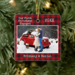 Typewriter Text Our First Christmas Engaged Plaid Ceramic Ornament<br><div class="desc">Modern Trendy Typewriter Text Simple Minimalist,  Our First Christmas Engaged Couple Photo Ceramic Ornament - Red Buffalo Plaid</div>