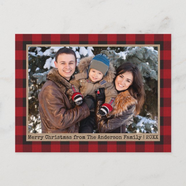 Typewriter Text Plaid Christmas Family Photo Kraft Postcard (Front)