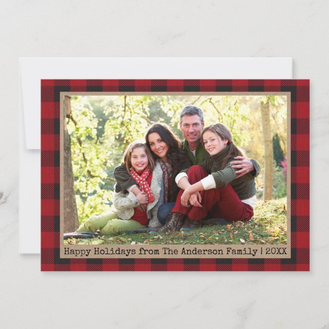Typewriter Text Plaid Family Photo Kraft Holiday Card (Front)