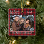 Typewriter Text Plaid First Christmas Family Photo Ceramic Ornament<br><div class="desc">Modern Trendy Typewriter Text Simple Minimalist,  Our First Christmas Family Photo Ceramic Ornament - Red Buffalo Plaid</div>