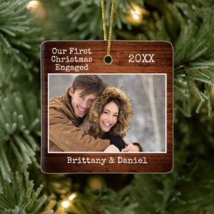 Typewriter Text Wood First Christmas Engaged Photo Ceramic Ornament