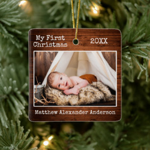 Typewriter Text Wood My First Christmas Baby Photo Ceramic Ornament