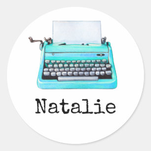 Typewriter With Name Girly Aqua Retro 1960s  Classic Round Sticker