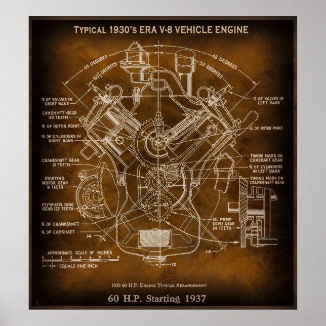 Typical 1930's ERA V-8 Motor Engine Blueprint Poster (Front)