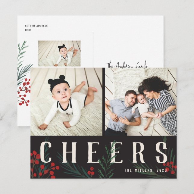 Typographic Botanicals 2 Photo Cheers Holiday Postcard (Front/Back)