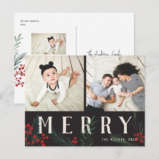 Typographic Botanicals 2 Photo Merry Holiday Postcard (Front/Back)