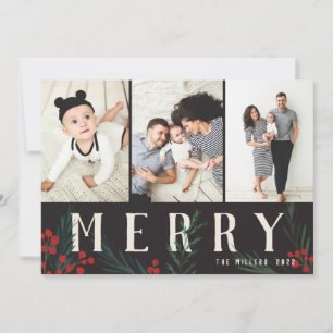 Typographic Botanicals 3 Photo Collage Merry Holiday Card