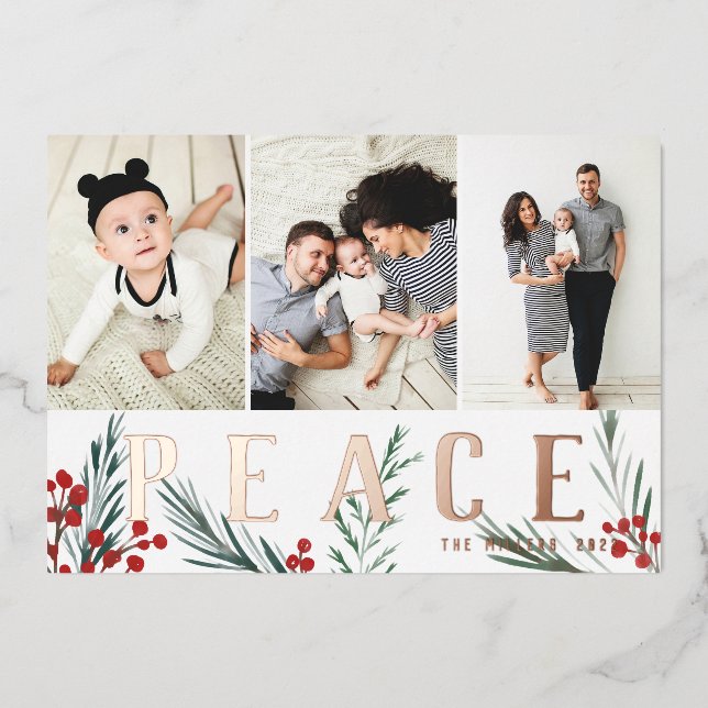 Typographic Botanicals 3 Photo Collage Peace Foil Holiday Card (Front)
