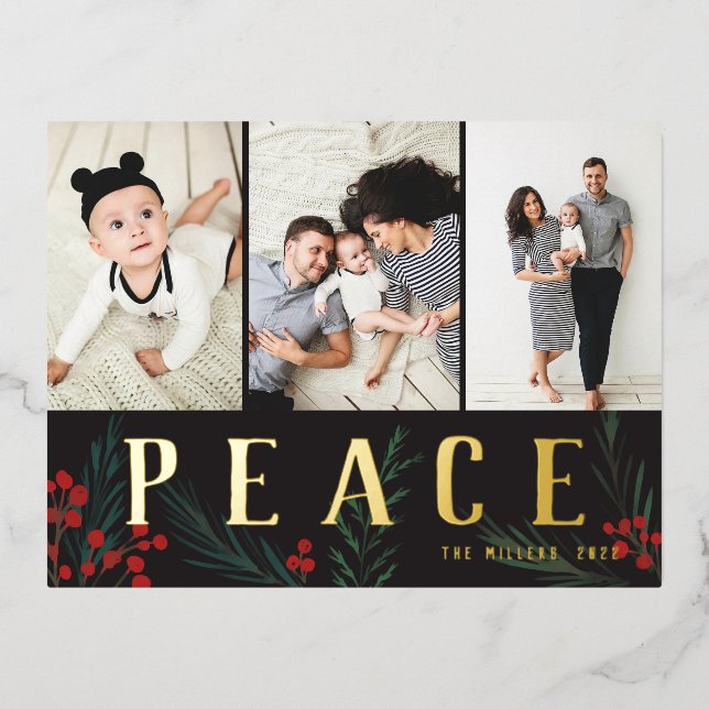 Typographic Botanicals 3 Photo Collage Peace Foil Holiday Postcard (Front)