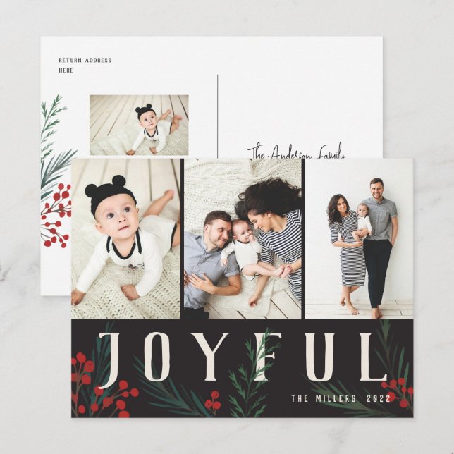 Typographic Botanicals 3 Photo Joyful Holiday Postcard (Front/Back)