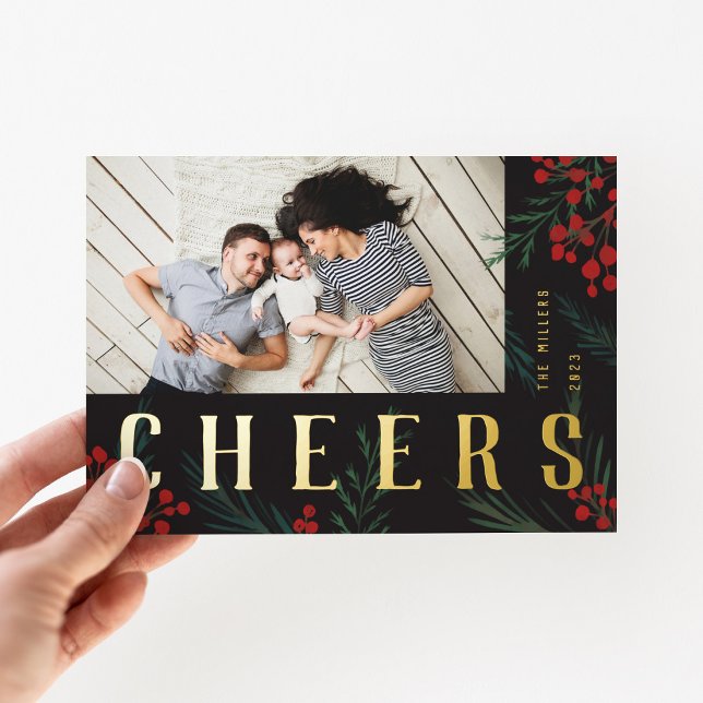Typographic Botanicals Photo Cheers Foil Holiday Card (Creator Uploaded)
