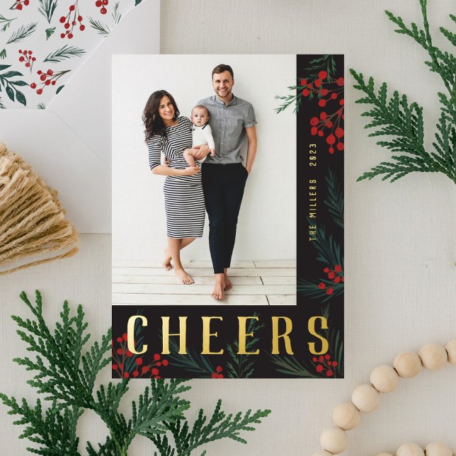 Typographic Botanicals Photo Cheers Foil Holiday Card (Creator Uploaded)