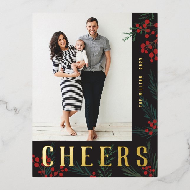 Typographic Botanicals Photo Cheers Foil Holiday Postcard (Front)