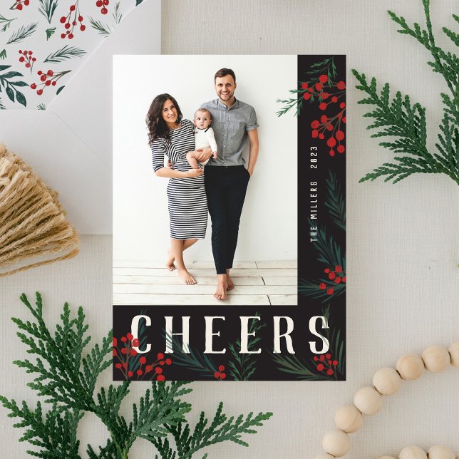 Typographic Botanicals Photo Cheers Holiday Card (Creator Uploaded)