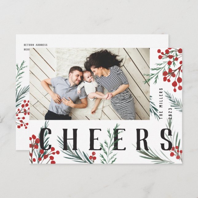Typographic Botanicals Photo Cheers Holiday Postcard (Front/Back)