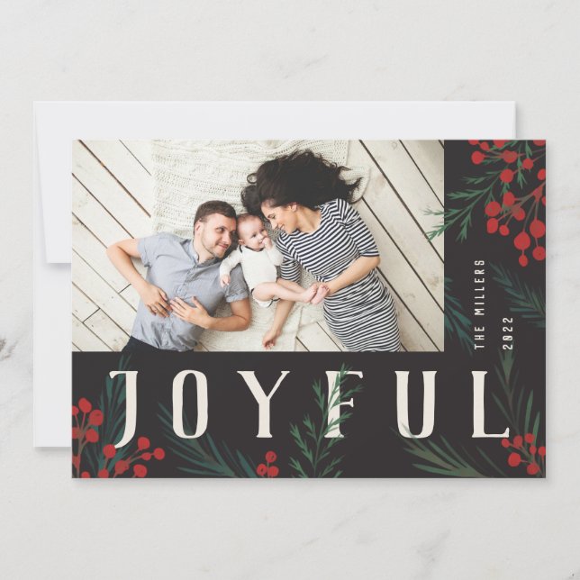 Typographic Botanicals Photo Joyful Holiday Card (Front)