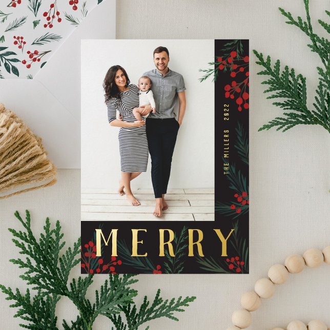 Typographic Botanicals Photo Merry Foil Holiday Card (Creator Uploaded)