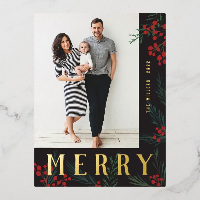 Typographic Botanicals Photo Merry Foil Holiday Postcard (Front)