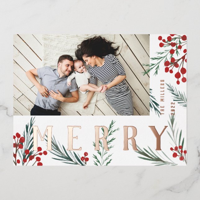 Typographic Botanicals Photo Merry Foil Holiday Postcard (Front)
