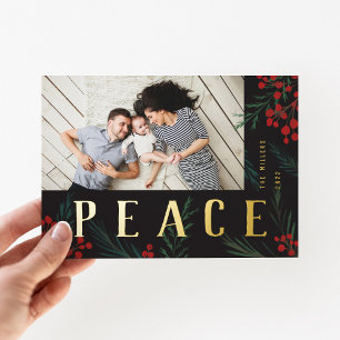Typographic Botanicals Photo Peace Foil Holiday Card