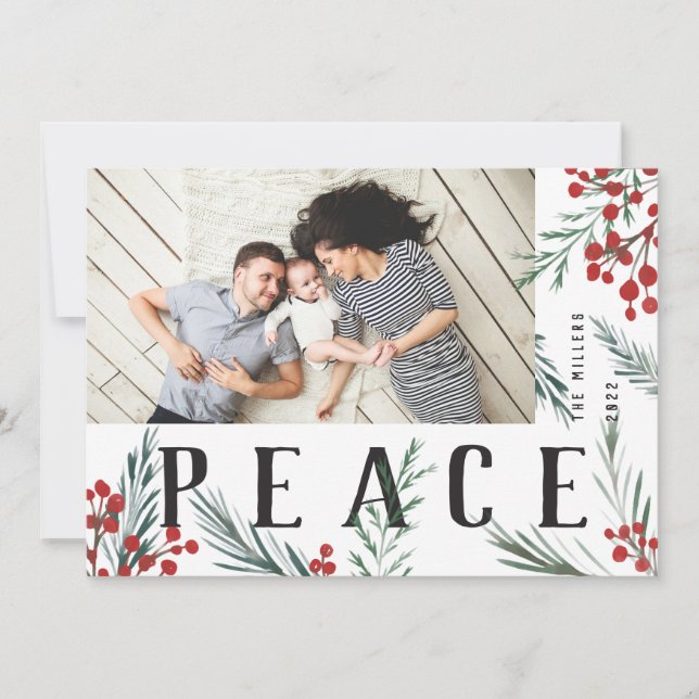 Typographic Botanicals Photo Peace Holiday Card (Front)
