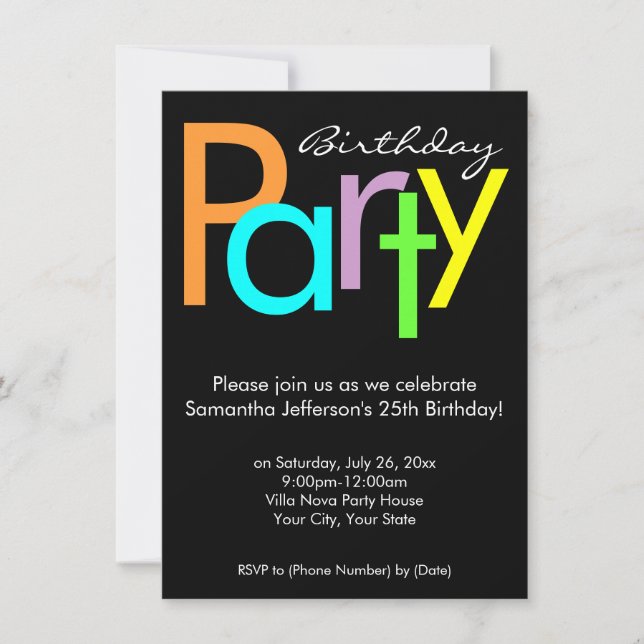 Typographic Colours Birthday Party Invitation (Front)