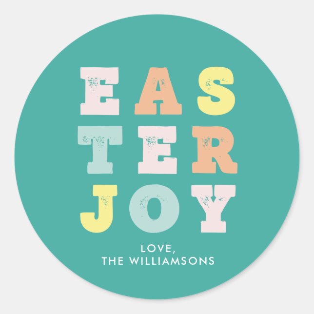 Typographic Easter Joy Modern Teal Classic Round Sticker (Front)