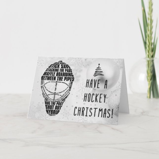 Typographic Goalie Mask Hockey Christmas Card (Front)