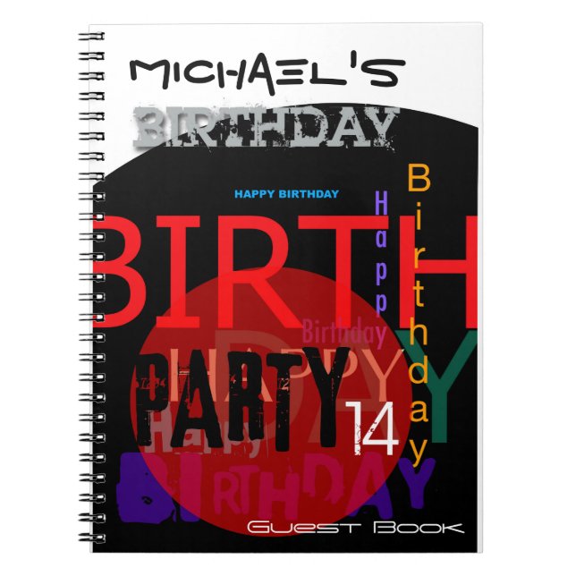 Typographic Happy 14th Birthday Party Guest Book (Front)