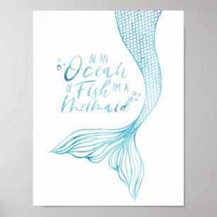 Typographic I'm a Mermaid Watercolor Mermaid Tail Poster