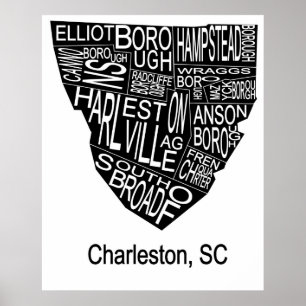 Typographic Map of Charleston Negative Poster