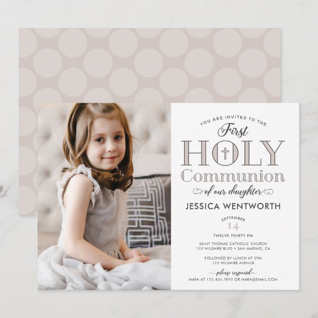 Typographic Photo First Holy Communion Daughter Invitation (Front/Back)