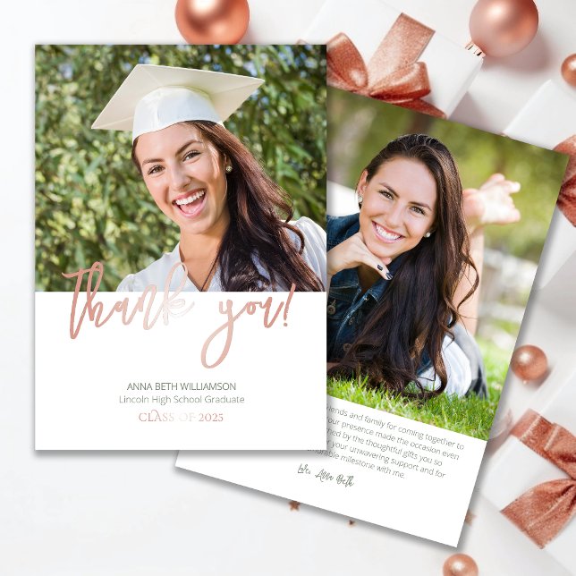 Typography 2 Photo Sage and Rose Gold Graduation Thank You Card (Creator Uploaded)
