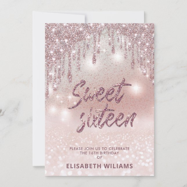 Typography adorable rose gold glittery drips ombre invitation (Front)