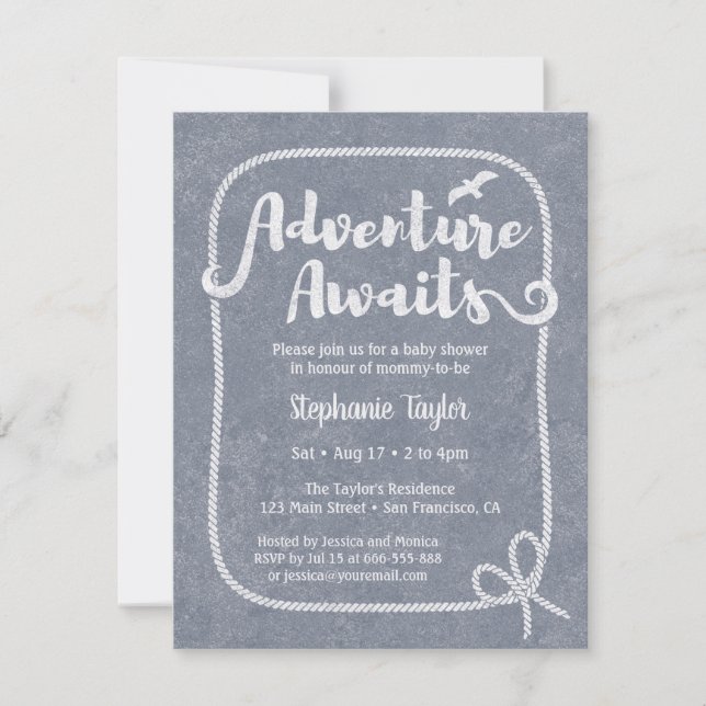 Typography Adventure Awaits Nautical Baby Shower Invitation (Front)