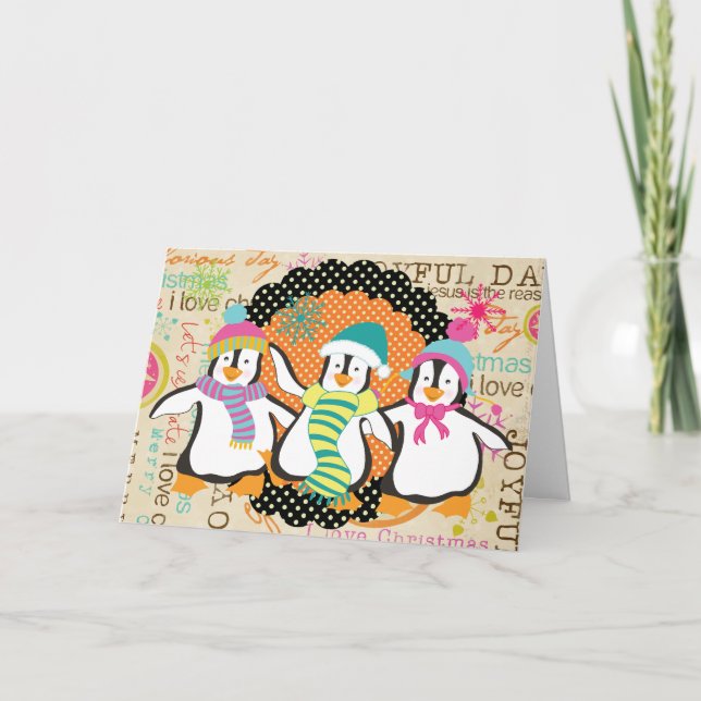 Typography and Penguins Holiday Greeting Card (Front)