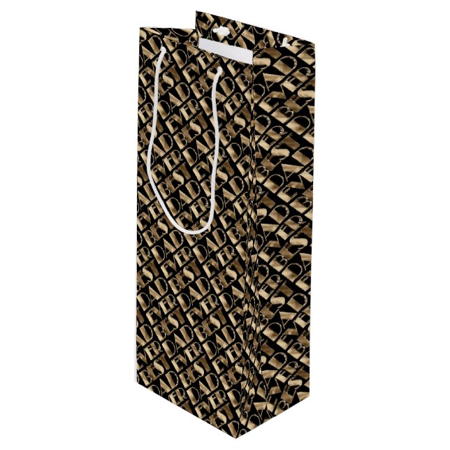 Typography Best Dad Ever Pattern Black and Gold Wine Gift Bag (Front Angled)