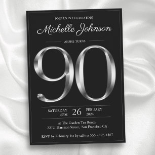 Typography Black and Silver 90th Birthday Invitation