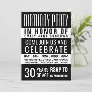 Typography, Black and White Birthday Party Invitation