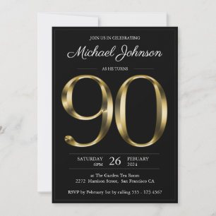 Typography Black Gold 90th Birthday Invitation