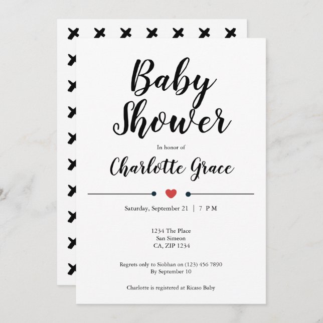 Typography Black White Baby Shower Heart Kisses Invitation (Front/Back)
