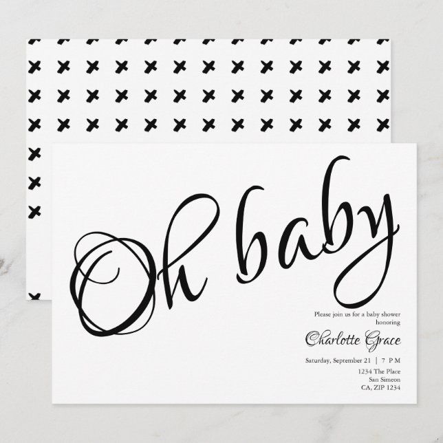 Typography Black White Oh Baby Shower Heart Kisses Invitation (Front/Back)