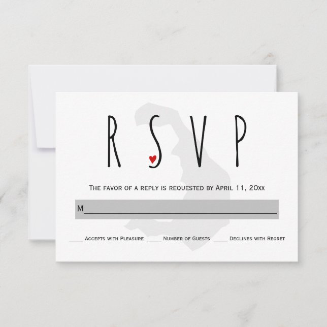 Typography blue, grey Santorini wedding RSVP card (Front)