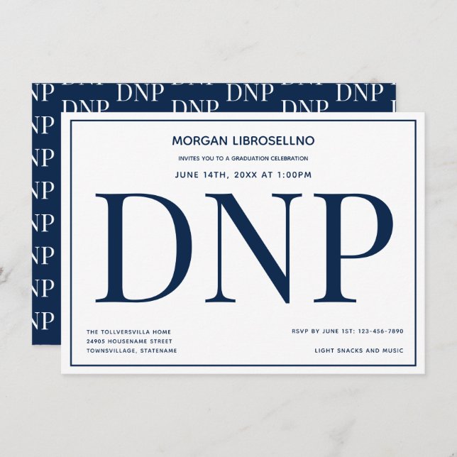 Typography Blue White DNP Graduation Party Invitation (Front/Back)