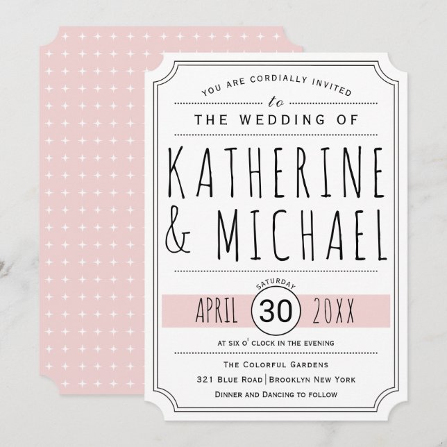 Typography  blush pink inverted corners wedding invitation (Front/Back)