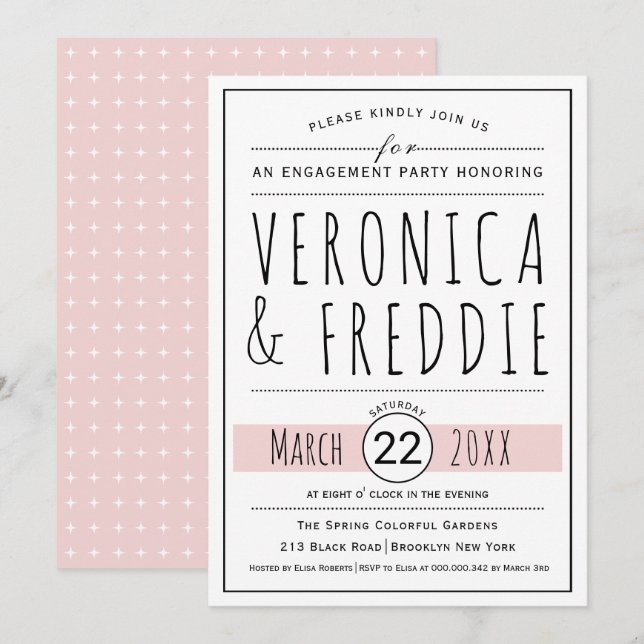 Typography blush pink wedding engagement party invitation (Front/Back)