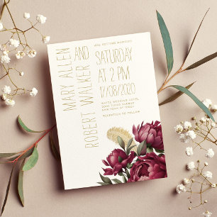 Typography burgundy gold peonies floral wedding invitation