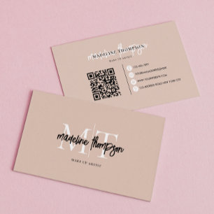 Typography Calligraphy Monogram Beige QR code Business Card