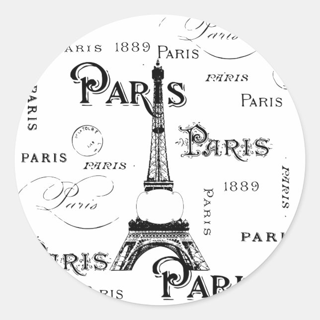 Typography Calligraphy Paris France Eiffel Tower Classic Round Sticker (Front)