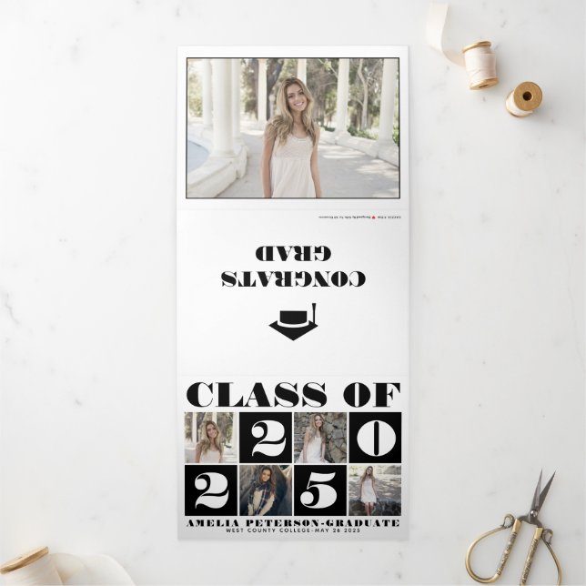 Typography Class of 2025 photo collage black white Tri-Fold Announcement (Outside)